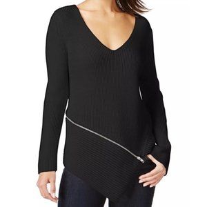 Bar III Womens Black Asymmetrical Zipper Sweater V Neck Long Sleeves size Medium